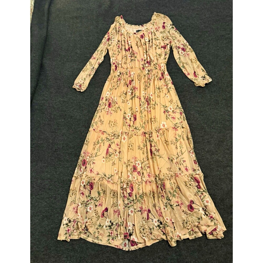 Kate and Lily Floral Maxi Dress Beige Off Shoulder Puff Long Sleeve Smocked 14